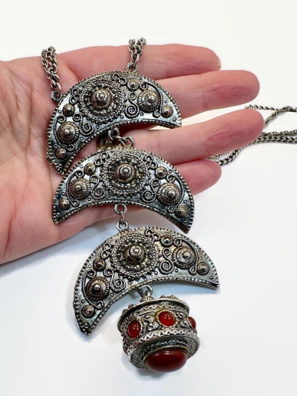 Etruscan Necklace, Vintage, Silver Tone, Statement, 70s, Huge, Bohemian